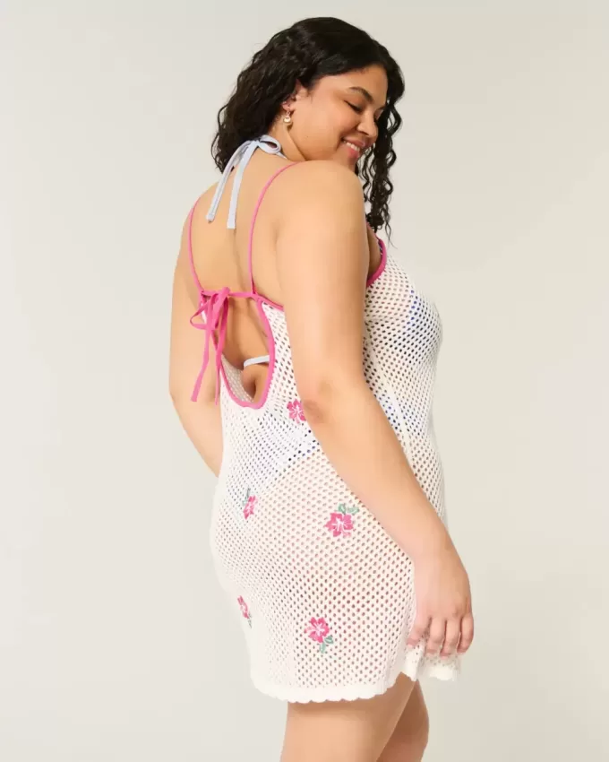 Abito copricostume ricamato a fiori in stile uncinetto