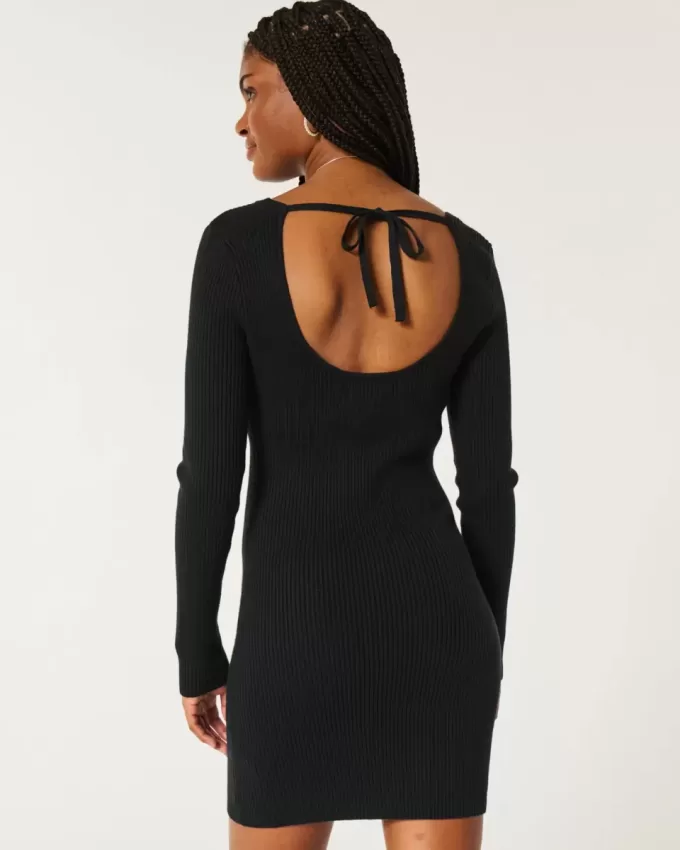 Abito in maglia a maniche lunghe con scollo a V e schiena scoperta