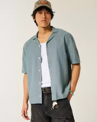 Camicia a maniche corte in misto lino squadrata