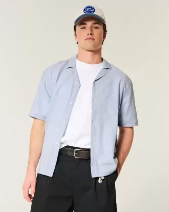Camicia a maniche corte in misto lino squadrata