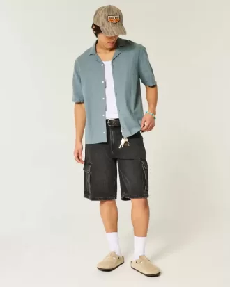 Camicia a maniche corte in misto lino squadrata