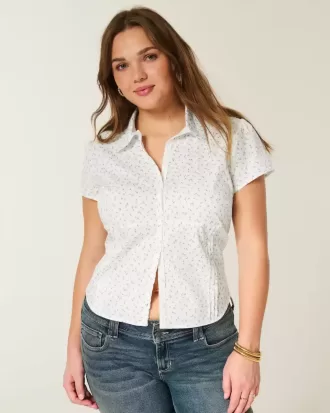 Camicia a maniche corte in popeline elasticizzato con bottoni