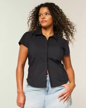 Camicia a maniche corte in popeline elasticizzato con bottoni