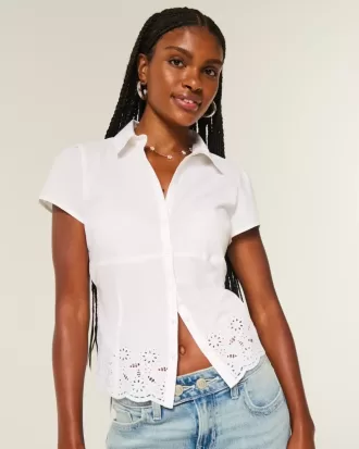 Camicia a maniche corte in popeline elasticizzato ricamato