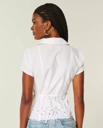 Camicia a maniche corte in popeline elasticizzato ricamato