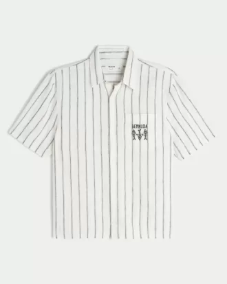 Camicia Bermuda a maniche corte con grafica in misto lino squadrato