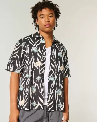 Camicia in misto lino con motivo a pesci tropicali squadrati