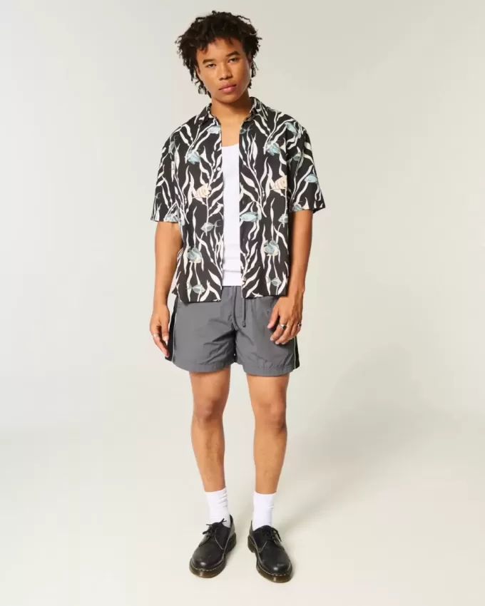 Camicia in misto lino con motivo a pesci tropicali squadrati
