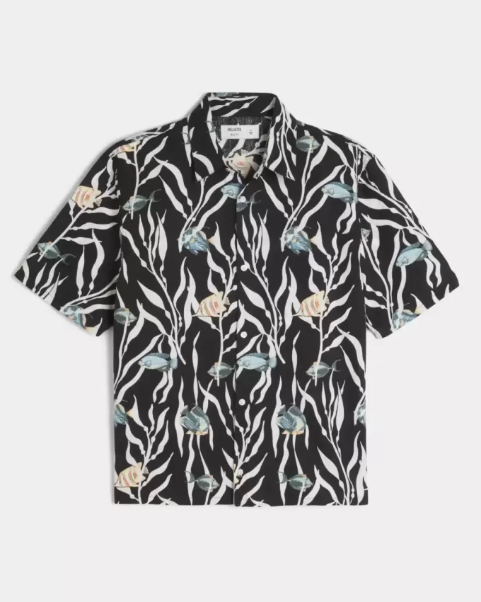 Camicia in misto lino con motivo a pesci tropicali squadrati