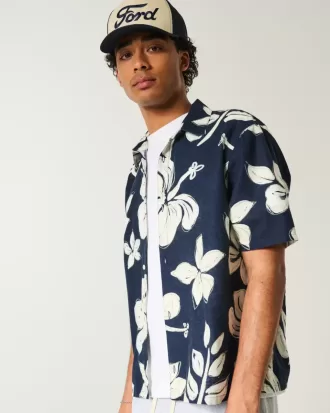 Camicia in misto lino con motivo tropicale squadrato