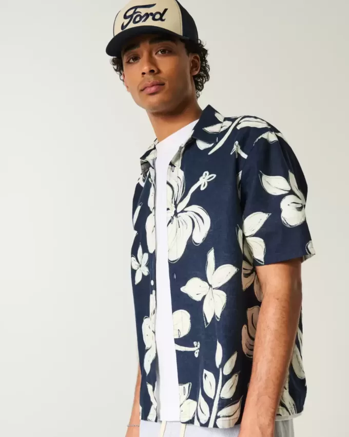 Camicia in misto lino con motivo tropicale squadrato