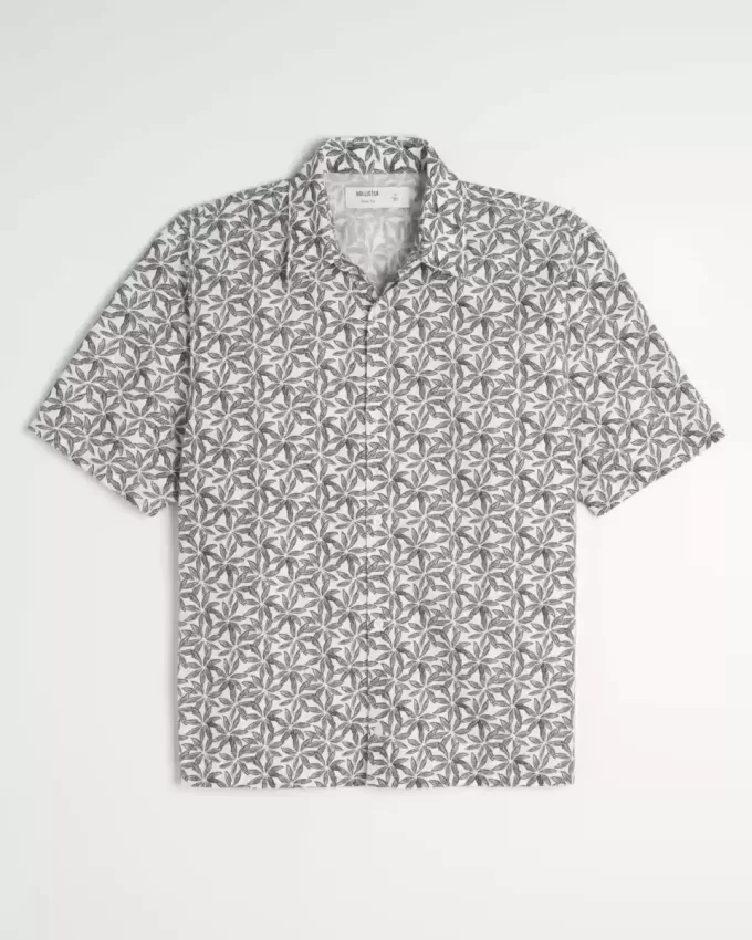 Camicia in misto lino con motivo tropicale squadrato