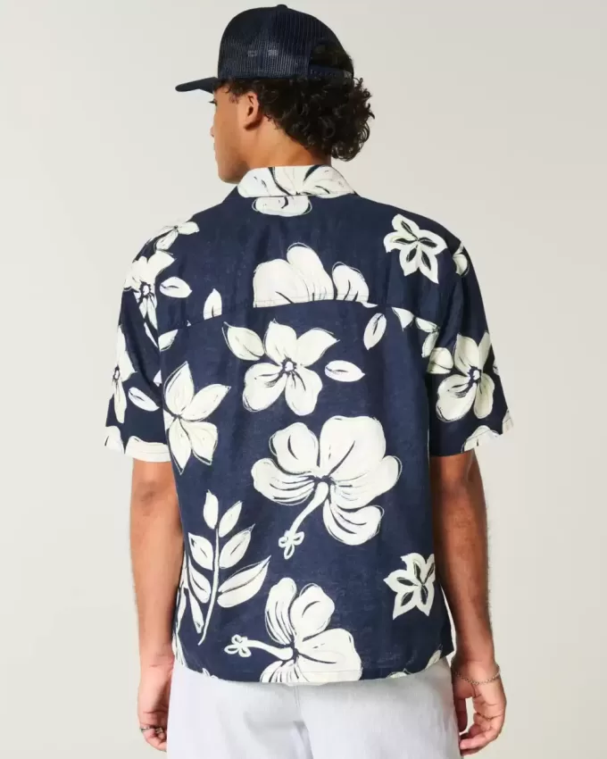 Camicia in misto lino con motivo tropicale squadrato