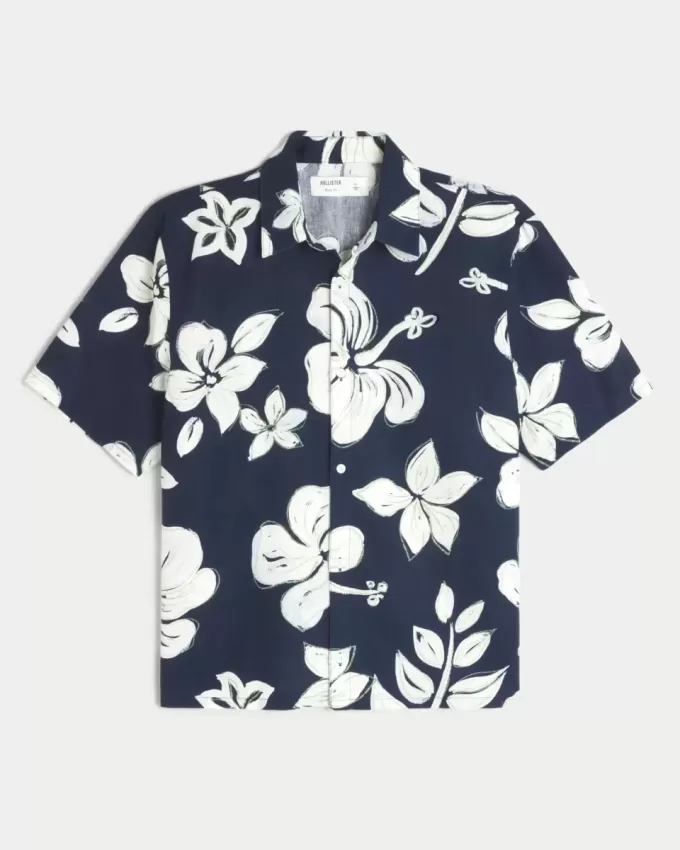 Camicia in misto lino con motivo tropicale squadrato