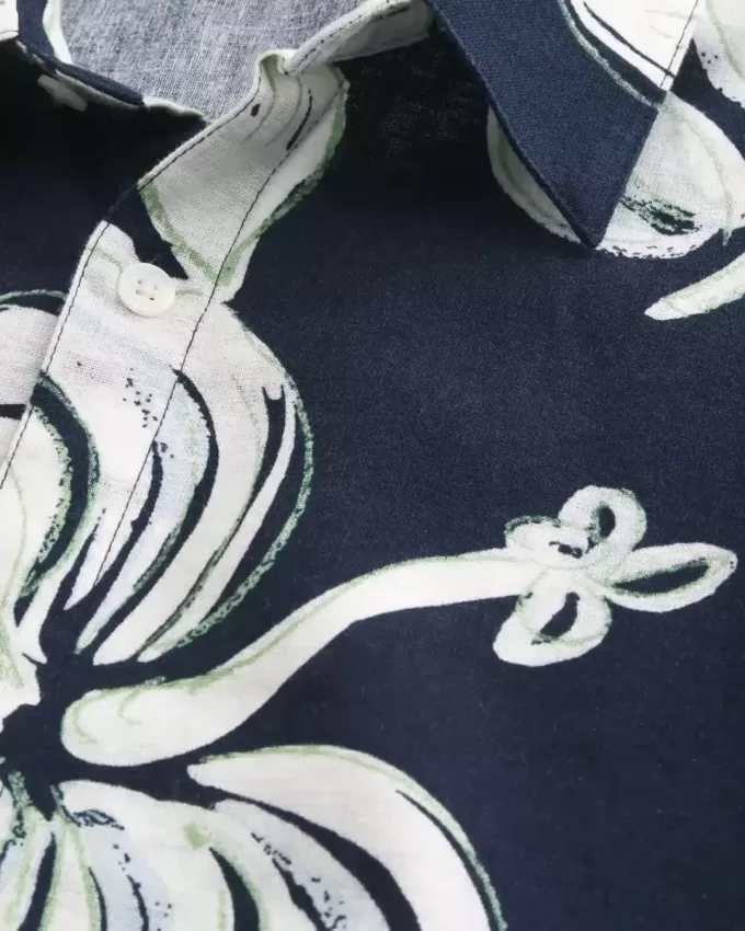 Camicia in misto lino con motivo tropicale squadrato
