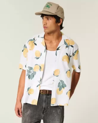 Camicia squadrata con motivo a limone in misto lino