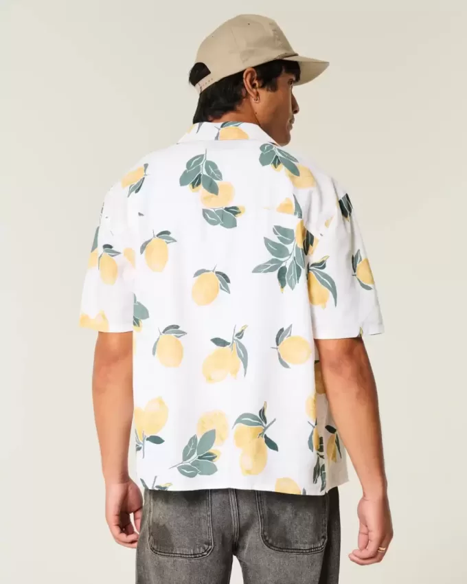 Camicia squadrata con motivo a limone in misto lino