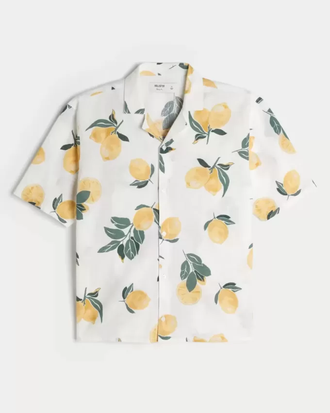 Camicia squadrata con motivo a limone in misto lino