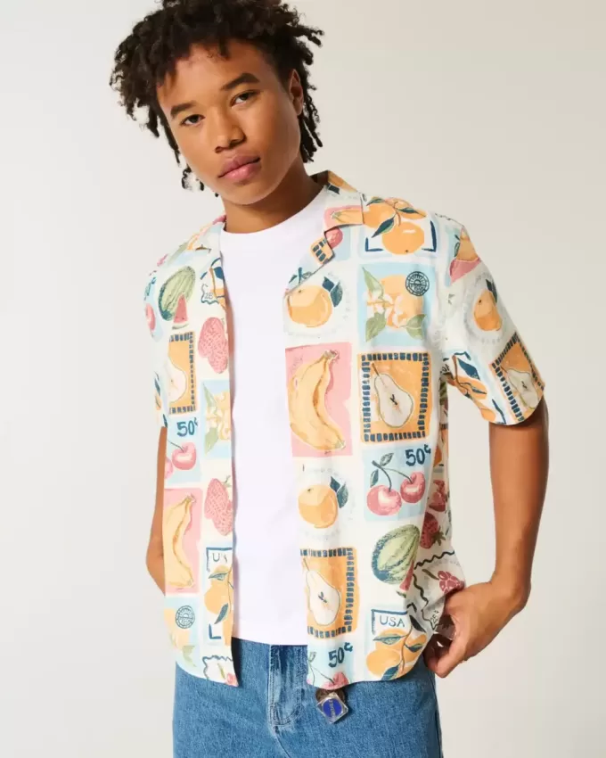 Camicia squadrata con motivo a timbro in misto lino