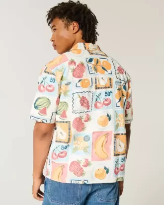 Camicia squadrata con motivo a timbro in misto lino