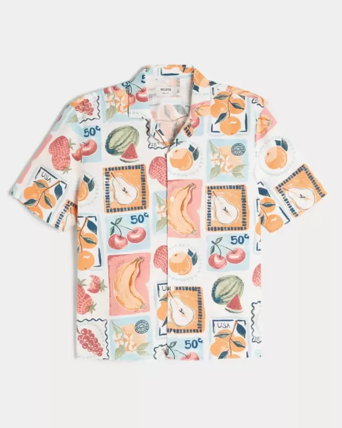 Camicia squadrata con motivo a timbro in misto lino
