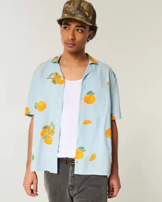 Camicia squadrata in misto lino arancione con motivo