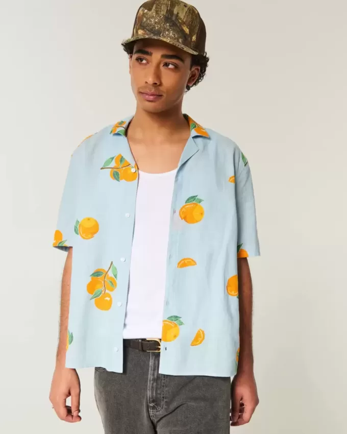Camicia squadrata in misto lino arancione con motivo