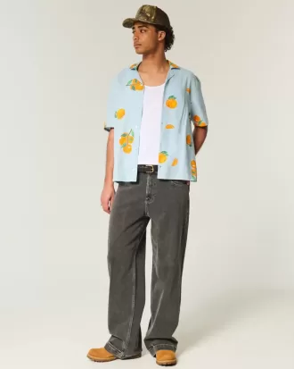 Camicia squadrata in misto lino arancione con motivo