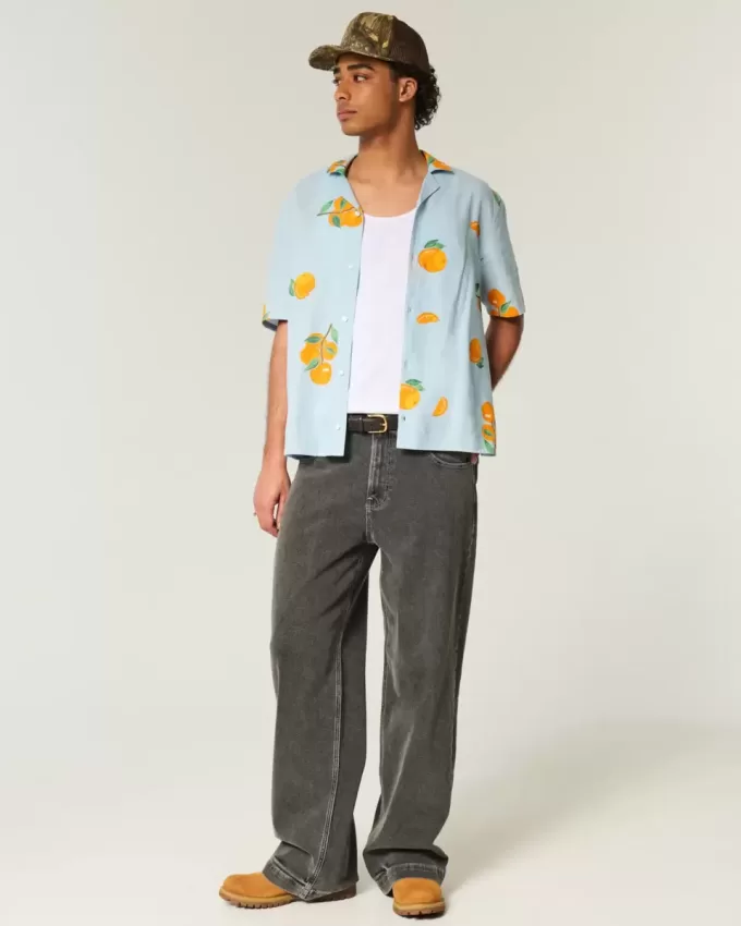 Camicia squadrata in misto lino arancione con motivo