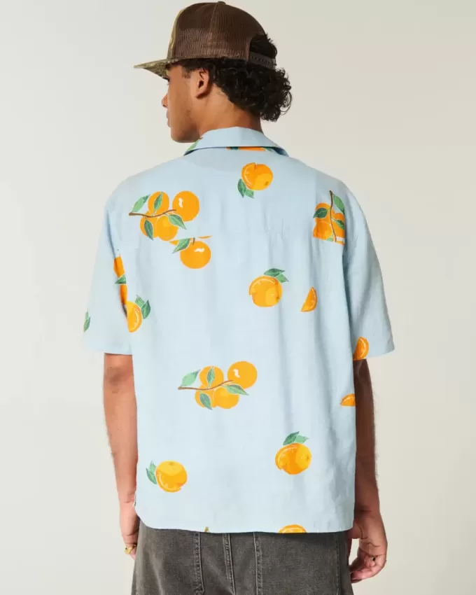 Camicia squadrata in misto lino arancione con motivo