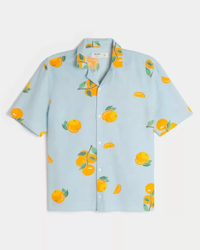 Camicia squadrata in misto lino arancione con motivo