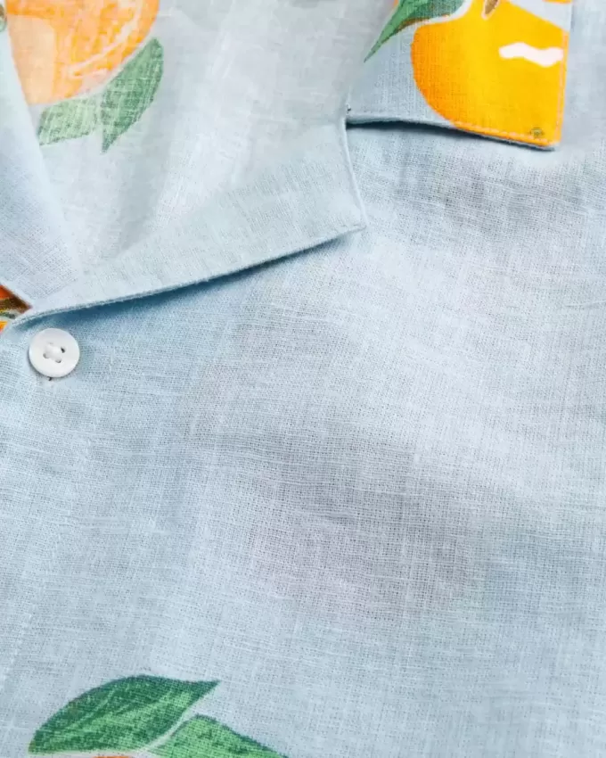 Camicia squadrata in misto lino arancione con motivo