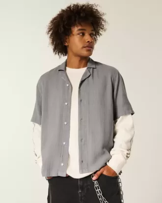 Camicia testurizzata a maniche corte in misto lino squadrato