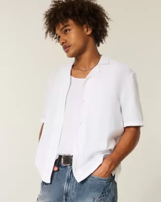 Camicia testurizzata a maniche corte in misto lino squadrato