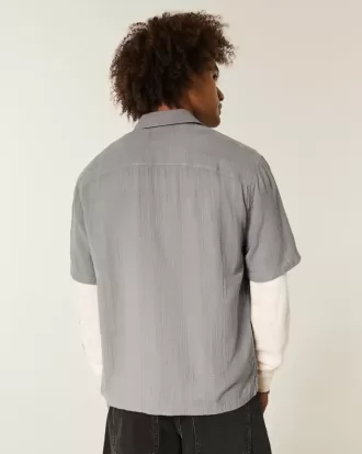 Camicia testurizzata a maniche corte in misto lino squadrato