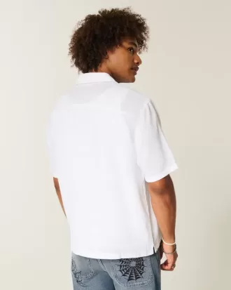 Camicia testurizzata a maniche corte in misto lino squadrato