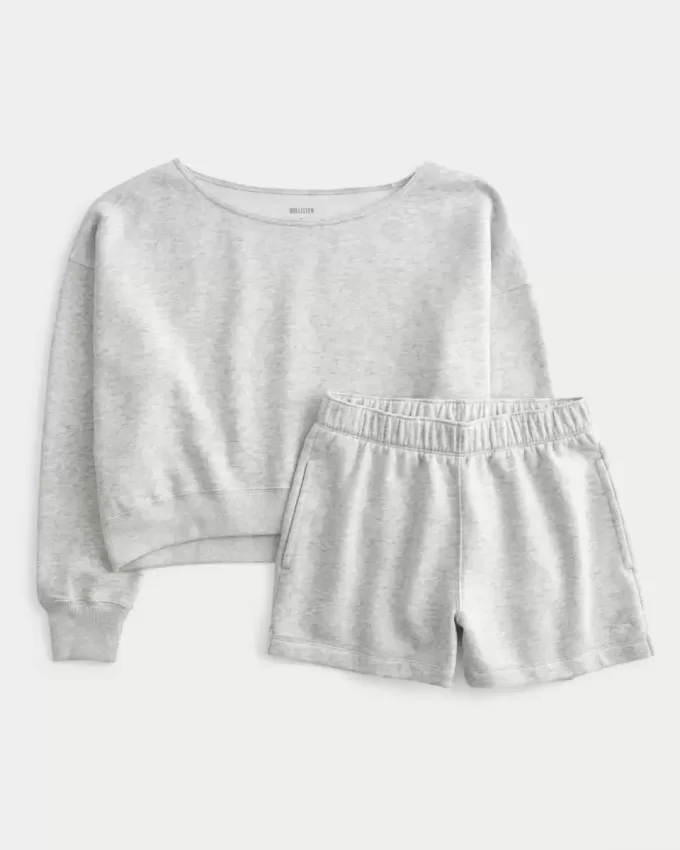 Completo felpa con spalle scoperte e pantaloncini in pile