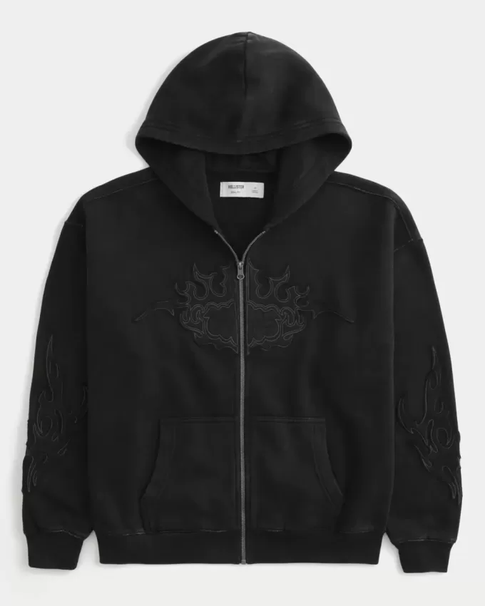 Felpa con cappuccio con grafica a fiamma e cerniera squadrata