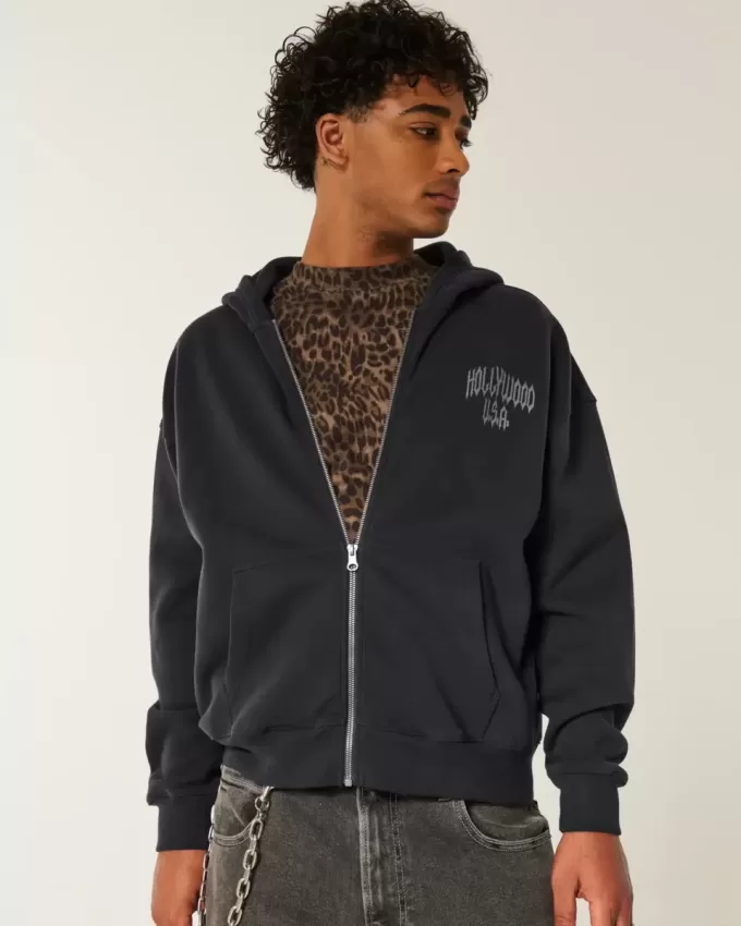 Felpa con cappuccio e zip con grafica Hollywood Boxy