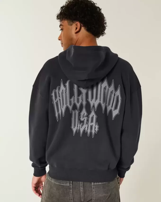 Felpa con cappuccio e zip con grafica Hollywood Boxy
