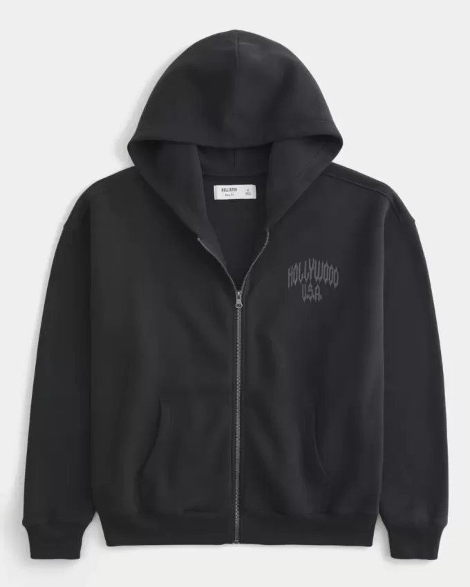 Felpa con cappuccio e zip con grafica Hollywood Boxy