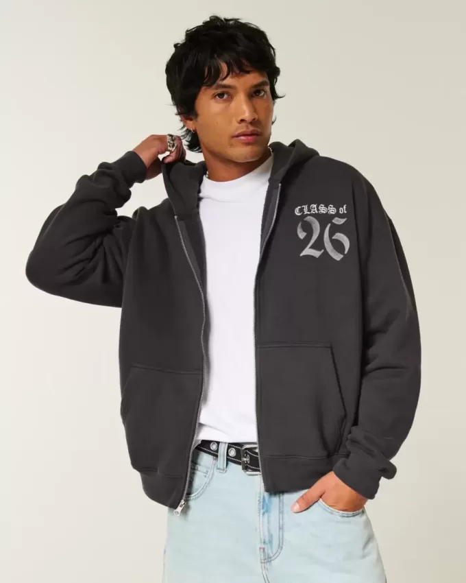 Felpa con cappuccio e zip grafica Boxy Class of 26