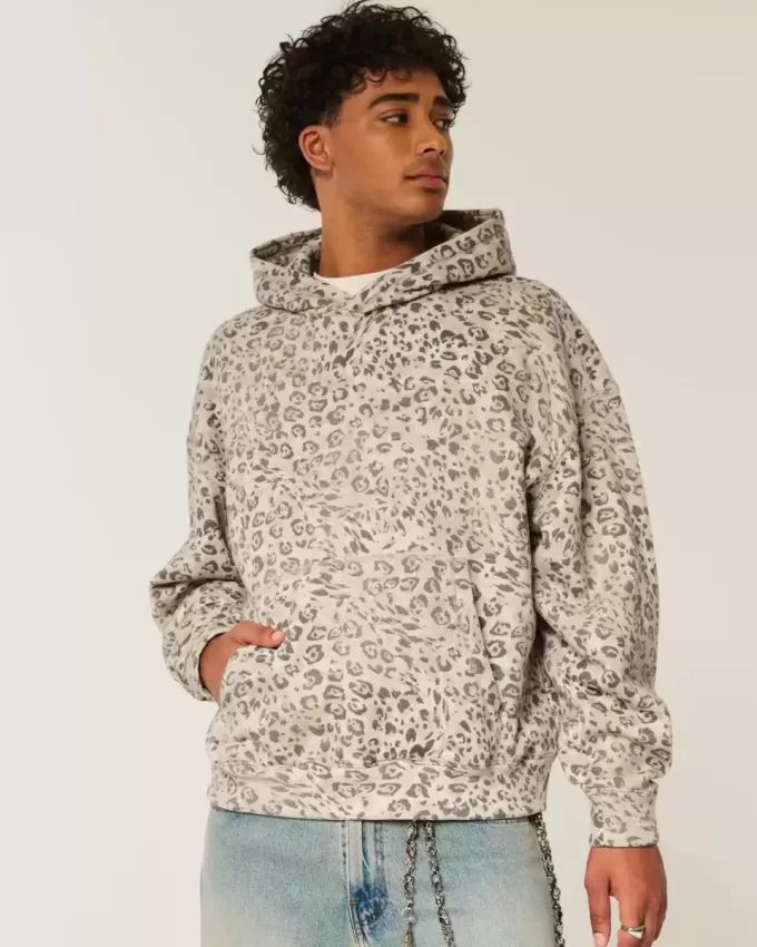 Felpa con cappuccio larga e stretta con stampa leopardata
