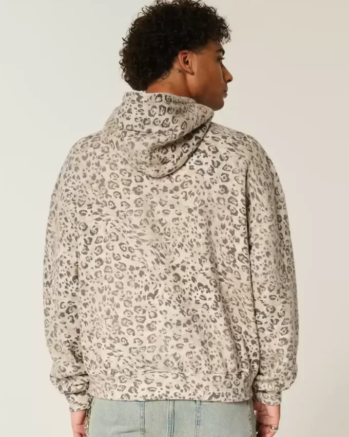 Felpa con cappuccio larga e stretta con stampa leopardata