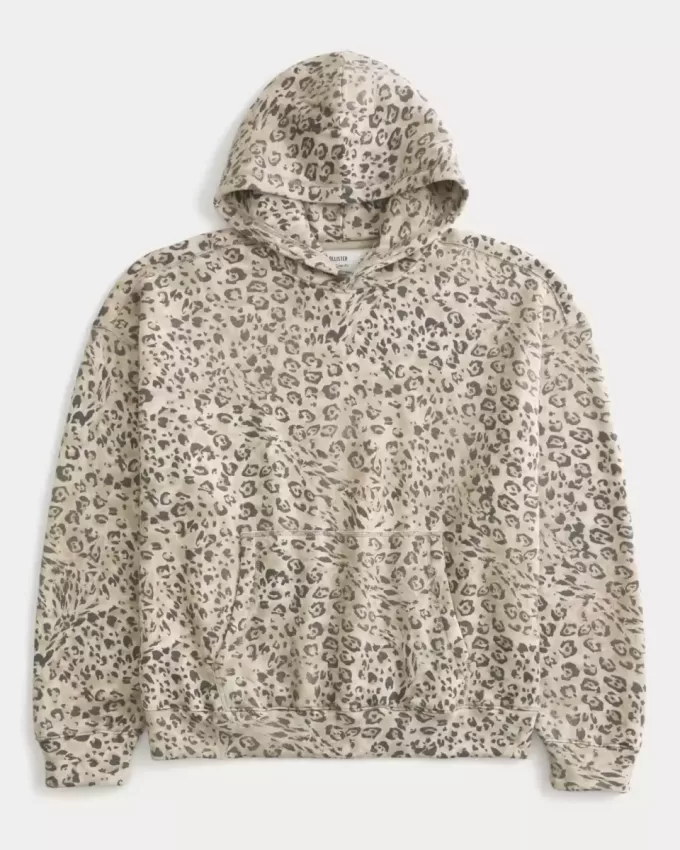 Felpa con cappuccio larga e stretta con stampa leopardata