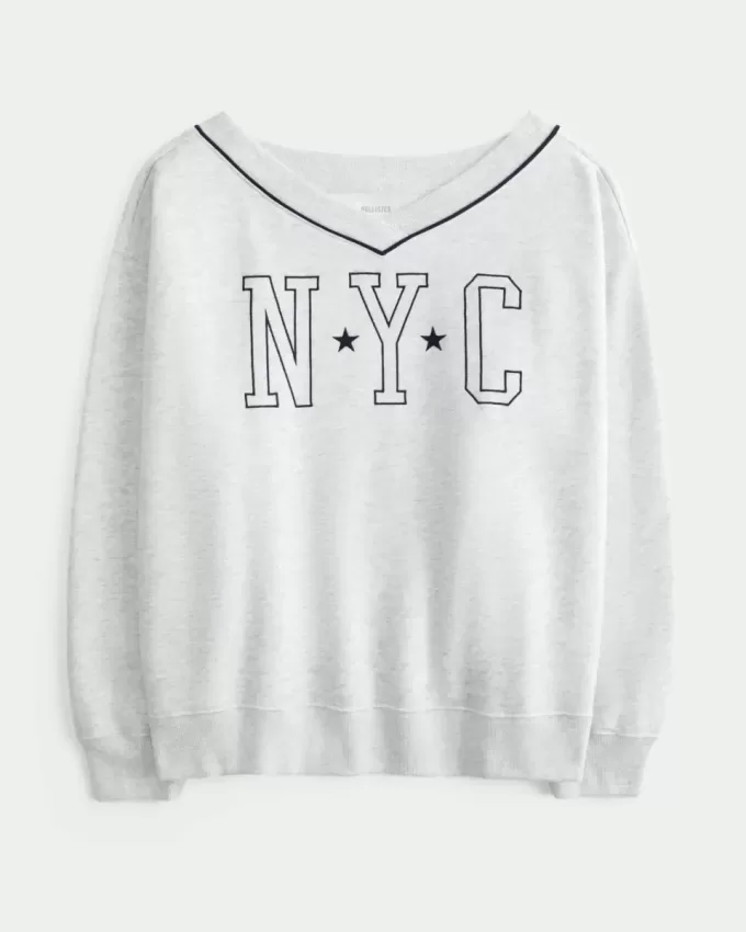 Felpa oversize con scollo a V e grafica NYC