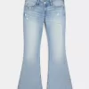 Jeans a zampa con paillettes lavaggio chiaro e vita ultra bassa effetto consumato