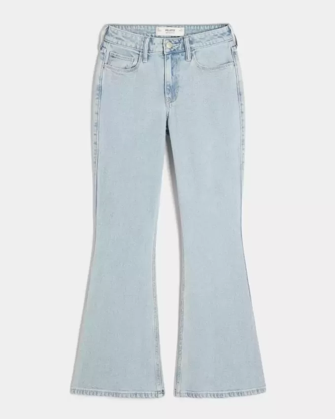 Jeans a zampa con ricamo a cuore e lavaggio chiaro a vita alta