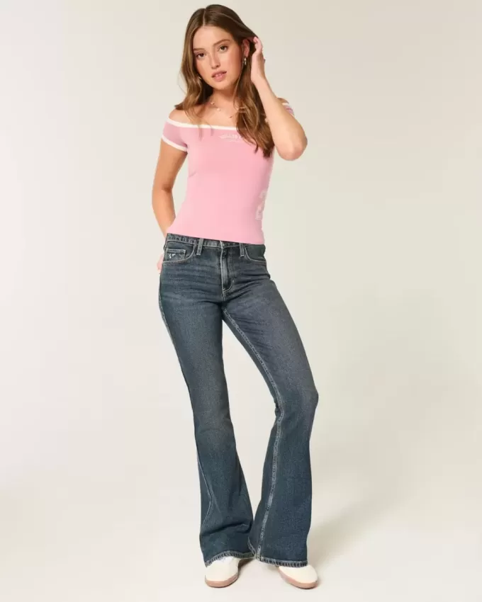 Jeans a zampa con ricamo floreale a lavaggio scuro a vita alta
