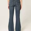 Jeans a zampa con ricamo floreale a lavaggio scuro a vita alta